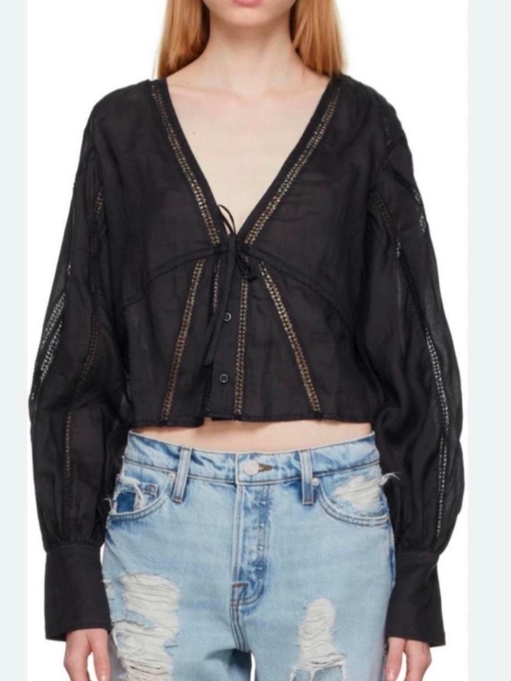 Frame Denim Black Lace Tie-Front Peasant Blouse